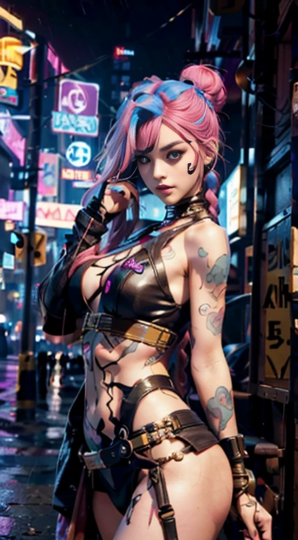 Jinx,Masterpiece, HighestQuali, Ultra-high resolution, 8K, A girl,Beauty,21yo,Fair skin, Extremely beautiful,Strong gaze, Alone,Bust portrait,Cyberpunk costumes, Extremely detailed face, Detailed eyes, mischievous grin, cheerful big breasts, Realistic photo, Completely realistic, People's Pell, Studio lighting,golden ratio body, Wide hips,Perfect legs, Big ass,Pink hair, double-bun,Blunt bangs,Orange and white clothes,d-cup breasts,In the cyberpunk city,Cyberpunk city setting,((Night)),rain,side pose,Tattoos,cheerfulness
