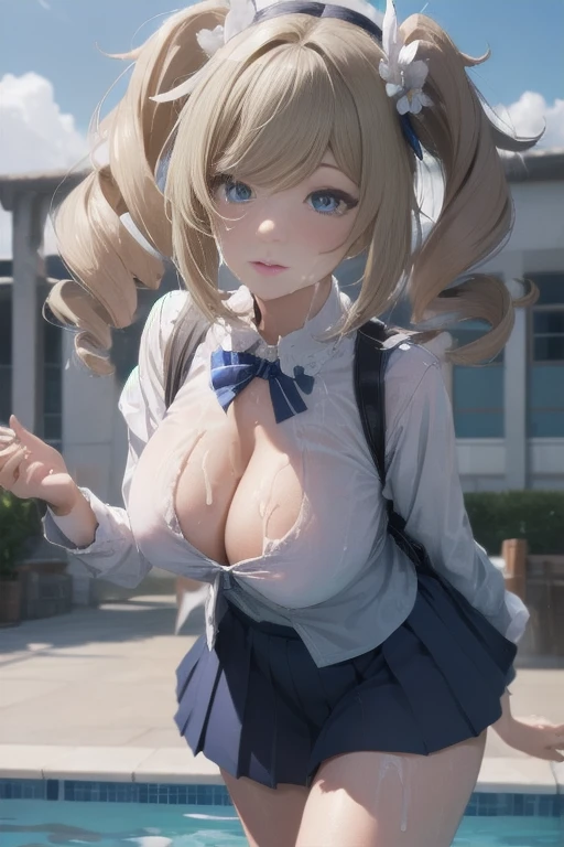 very cute and beautiful girl,tall,(highly detailed beautiful face and eyes:1.2),school uniform, white shirt,loose collar,short skirt,(large breast:1.2),face focus, (You can see the cleavage:1.2),standing,stylish pose,looking at viewer,Thin face,nice face,Clear face,clean face,pool side,distant school building,(long and beautiful legs:1.2) (best quality,masterpiece:1.2),highres,extremely detailed,solo, hair fluttering in the wind,beautiful detailed sky,(realistic),perfect hands,(many cum on body:1.2),Barbara,sexy