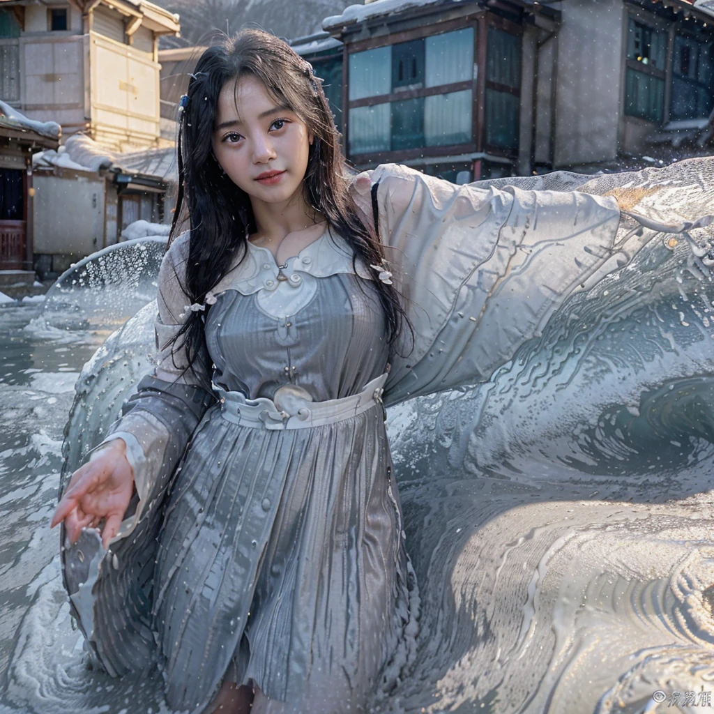 Beautiful woman with sparkling eyes and a sad smile in blink grey ancient chinese dress surf inside a wave in the lake in mountain; encircled by villagers condemning her; giant wave; hard snow fall; wet hair; middle-long black hair; wet face; view from the sky; masterpiece; sunset light; dimmed tone; 