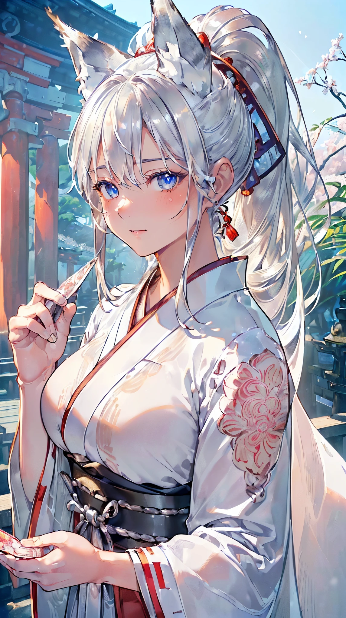 (((Masterpiece))), (((Highest quality))), ((Ultra-detailed)), ((Super fine illustration)), ((Ultra-fine painting)), (16K highest quality wallpaper:1.4), (Upper body:1.6), HDR, (Highly detailed and delicate illustration style:1.8), Detailed skin texture, Detailed cloth texture, Extreme detailed description, (T-masterpiece), (Highly detailed face:1.2), (Highly detailed silver fox ears:1.4), (Highly detailed shiny ponytail:1.2), (Highly detailed beautiful eyes:1.2), Original, RAW photo, Professional, Intricate details, Super details, Direct light:1.6, (Perfect anatomy:1.4), (Highly detailed hands:1.2), (Highly detailed fingers:1.2), (Highly detailed fingertips:1.2), (27-years-old), Real, (Solo:1.6), ((A very beautiful and attractive silver fox model who is a messenger of God and a traditional Japanese sacred shrine maiden:1.4)) BRAKE (Beautiful and adorable silver fox ears:1.8), (Highly detailed and delicate silver fox ears:1.6), (Beautiful and well-shaped big breasts:1.2), (Beautiful and well-shaped buttocks), (Beautiful and shiny silver ponytail:1.6), (Highly detailed and delicate silver ponytail:1.2), (Beautiful clear blue eyes that shine with great detail:1.6), (Highly detailed and delicate blue eyes:1.2), (Highly detailed face:1.4), (Smile:1.3), (Blush:1.2), (Looking at viewer:1.4), (Celebration:1.4), (Standing:1.2) BRAKE ((Brightly white and red colored) and divine traditional shrine maiden costumes at Japanese shrines:1.4), (Japanese divine traditional costume:1.2) BRAKE (Highly detailed and beautiful Ise Grand Shrine in Mie Prefecture just after noon in spring in the background:1.6), (Celebration:1.4), Highly beautiful in the sunny sky background just after noon:1.2 BRAKE