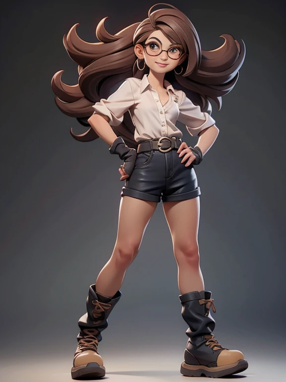 , lonely girl, ray tracing, 3D-стиль, 3DMM, Whole body,(Front left view), Cute short girl, round face, Large sparkling dark brown eyes, long eyelashes, glasses, languid look, parted sensual lips, Mysterious Half-Smile , tanned skin, short torso, plump, Rounded hips,  Long brown tousled slightly wavy hair, fluttering in the wind, White loose-fitting shirt with unbuttoned top button, Leather Mini Shorts, Tight-fitting, firm buttocks, Soldier's Belt, chunky hiking boots, Fingerless leather gloves,(Spicy Small Breasts), bending slightly, Put your hands on your knees, visible from behind, Looking over your shoulder, Simple background, Ideal Anatomy, High quality textures, very detailed, realistic textures, Anatomical Realism of the Skin, realistic eyes, Glare of glasses in glasses