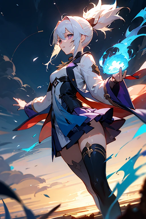 1girl,  1 boy,  yandere, japanese clothes, ponytail ,white hair, purple eyes, magic circle, blue fire, blue flames, wallpaper, landscape, blood, blood splatter, depth of field, night, light particles, light rays, sidelighting, thighs, fate \(series\), genshin impact, ****, open jacket, skirt, thighhighs, cloud