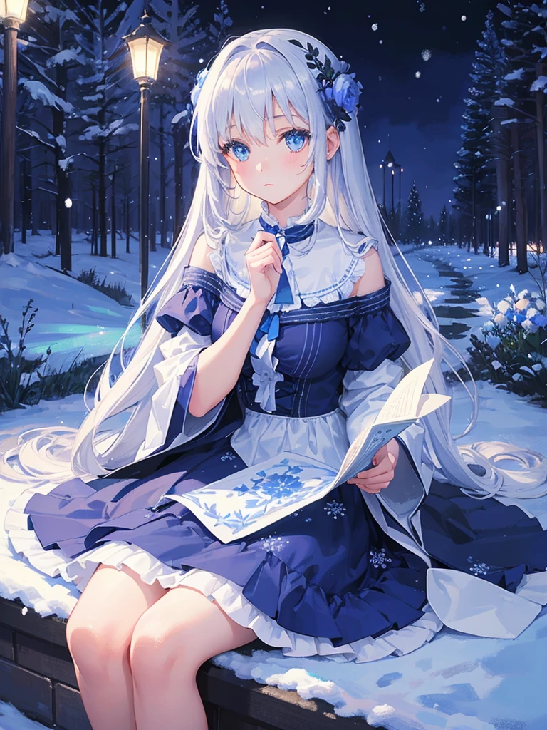 Art by Cornflower,(masterpiece:1.2),(One girl:1.3), Sitting in the park on a snowy night,The scenery is illuminated by the moonlight,Add depth to your images,Using shallow focus、Emphasize the girl and her surroundings, The background is soft and blurry,Add a dramatic and symbolic element to your scene,White and blue winter clothes,Silver long hair,Blue glowing magic light,A girl with beautiful blue eyes,Snowdrops, Highly detailed illustration, Smooth, Extremely pixel perfect, Detailed Background