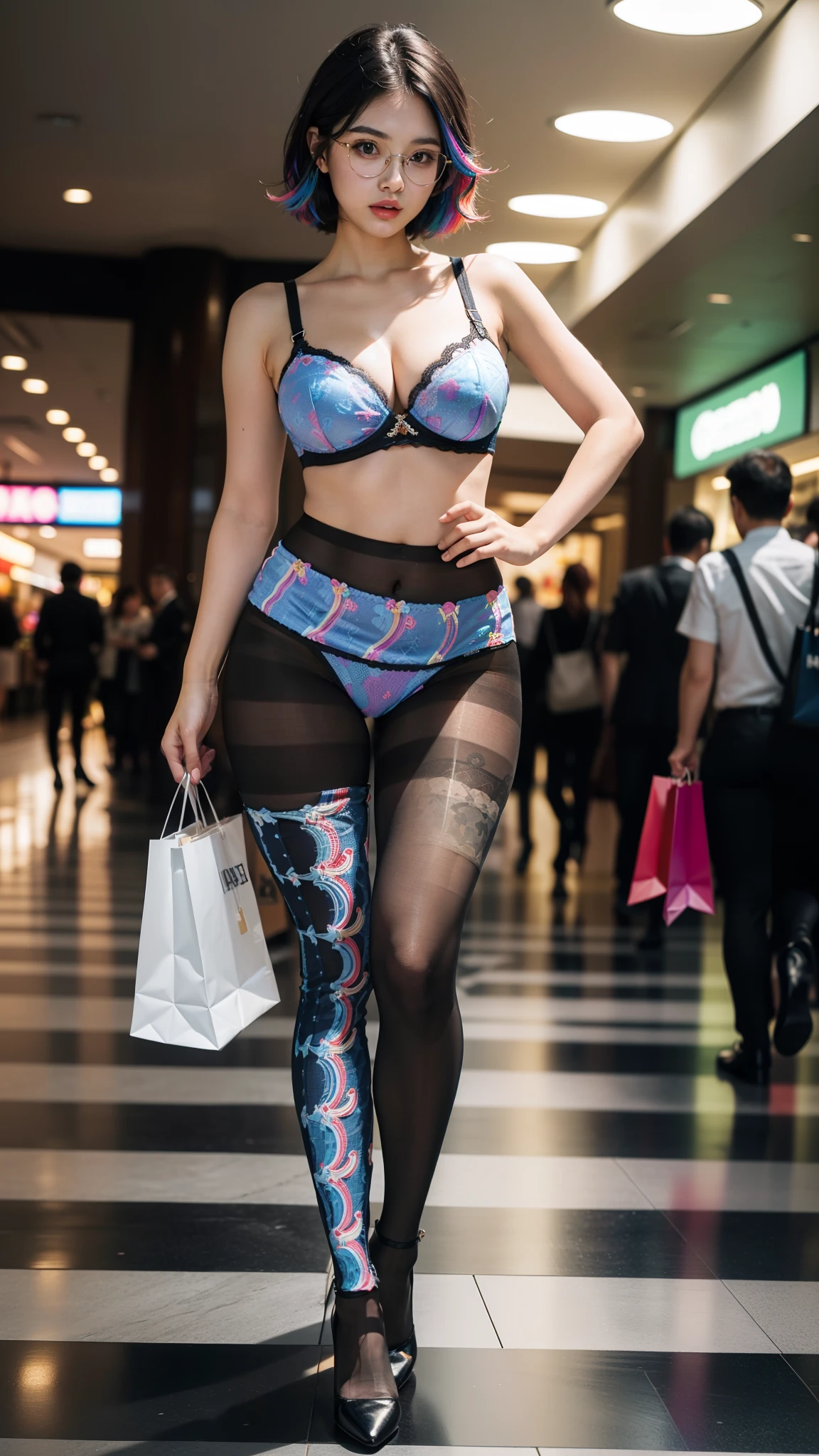 ,(full body:1.5),(((only one girl)):1.4),(view the viewer:1.4),((anatomy correct):1.45),(((dancing in the shopping mall , Perfectly integrated background))):1.3),(she wears large glasses and Holding bra & pantie in her hand:1.2),(shy:1.15),((stocking set):1.2),(((((((patterns)))))) ,((thick pantyhose)):1.3),(high heels leather shoe:1.1),((Long legs and large chest):1.3),((((colorful))):1.4),(Accurate and perfect face:1.3),((black short hair):1.2),hyper HD, Ray traching, reflective light, structurally correct, Award-Awarded, high detail, lighten shade contrast, Face lighting ,cinematic lighting, masterpiece, super detailing, high quality, high detail, best quality, 16k,High contrast,