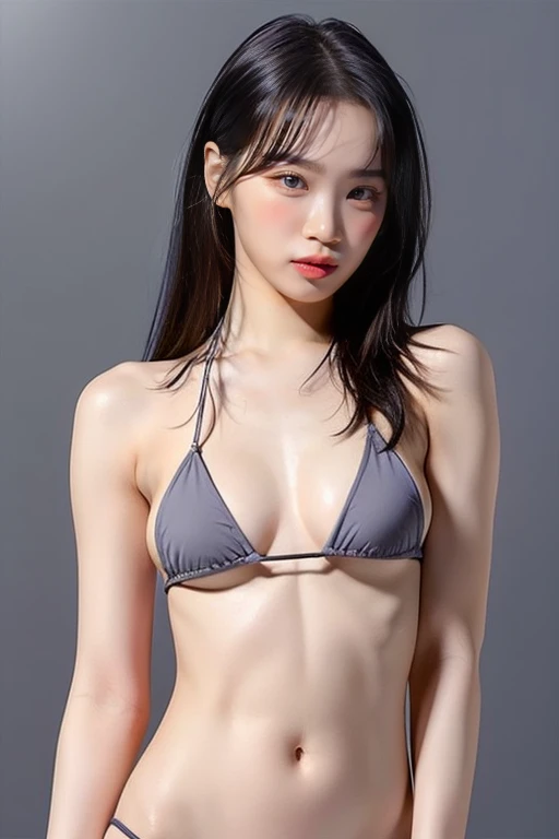 highest quality, masterpiece, Ultra-high resolution, (Realistic:1.4), RAW Photos, 19 years old, Simple gray background, ((Micro Bikini、Upper Body、Lean forward、Disheveled Hair)), Looking at the audience