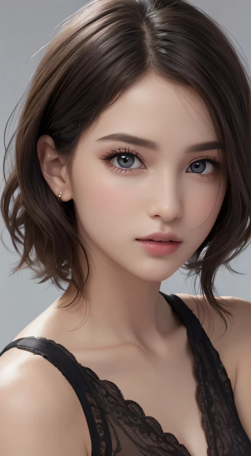 8K uhd、RAWphotograph、Model photo shoot、 European race、(masterpiece、highest quality、Photorealistic、High resolution、photograph:1.3)、Close-up、Focusing、Hot Model、slim、30 year old mature woman、Small face、No makeup、Short Hair、Dark Brown Hair、Fine beautiful eyes、Real Skin、(perfect body)、Detailed beautiful eyes、Glossy lips、Small breasts、Small breasts、Bust B cup、Realistic details、Cool beauty、Cool pose、Background gray、Plain grey background、