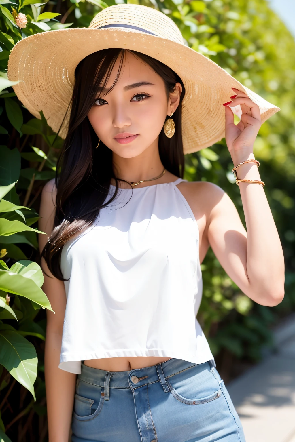 (Masterpiece, best quality), A pretty Asian girl poses for a photo with a radiant smile. (All Too Easy: 1.5), High-definition and ultra-realistic, 1 girl, delicate features, stunning almond-shaped eyes, medium length black hair cascading down her shoulders, ethereal complexion, wearing a floral blouse that complements her natural beauty, sporting a pair of denim shorts that highlight her slender figure, holding a prop such as a sun hat or a bouquet of flowers, capturing the essence of pure charm and allure.