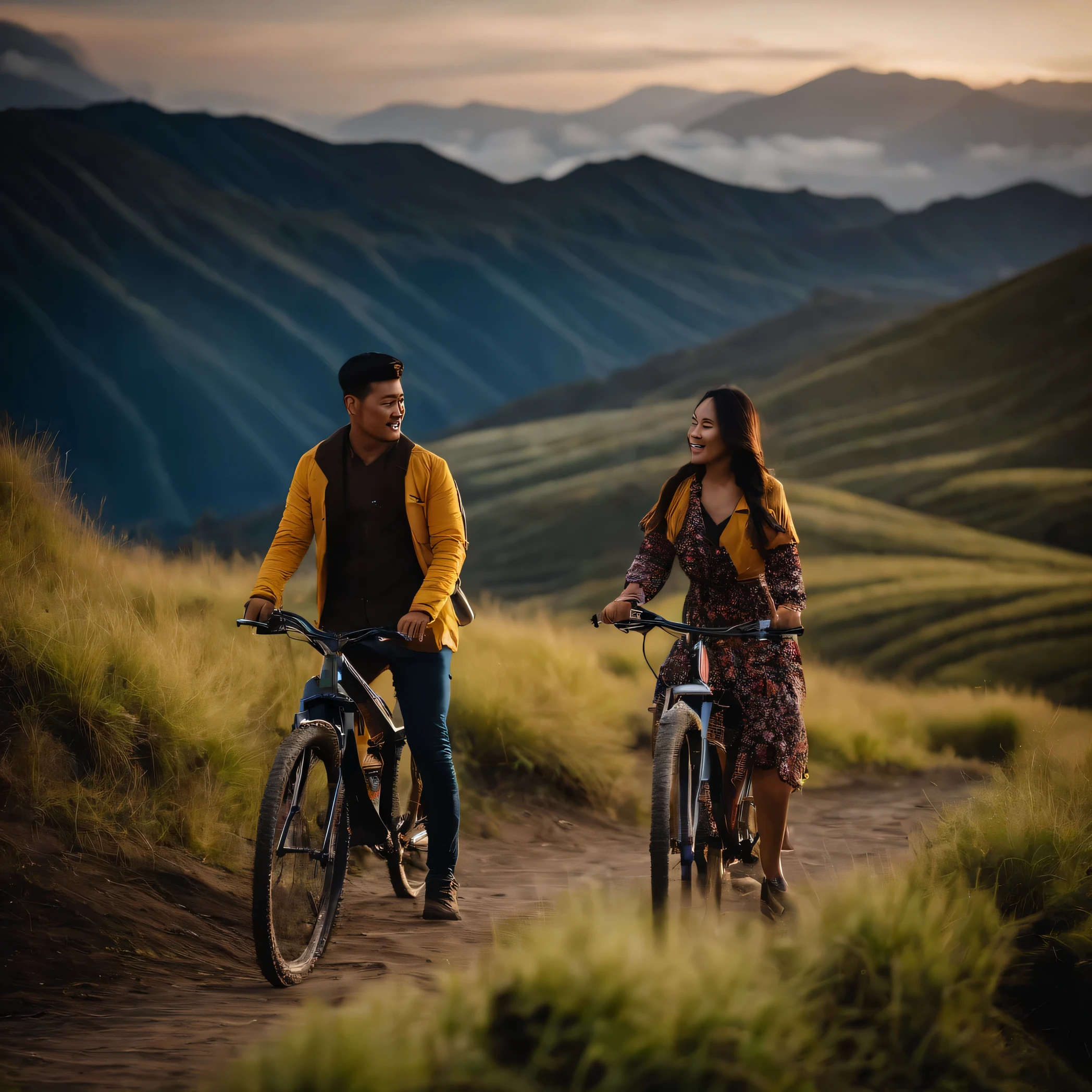 Romantic couple asia indonesian, in mtb bike. female is wearing trendy clothes, in clody bromo mountain, Couple in love, novel style, realistic, full body photography, use street photography
