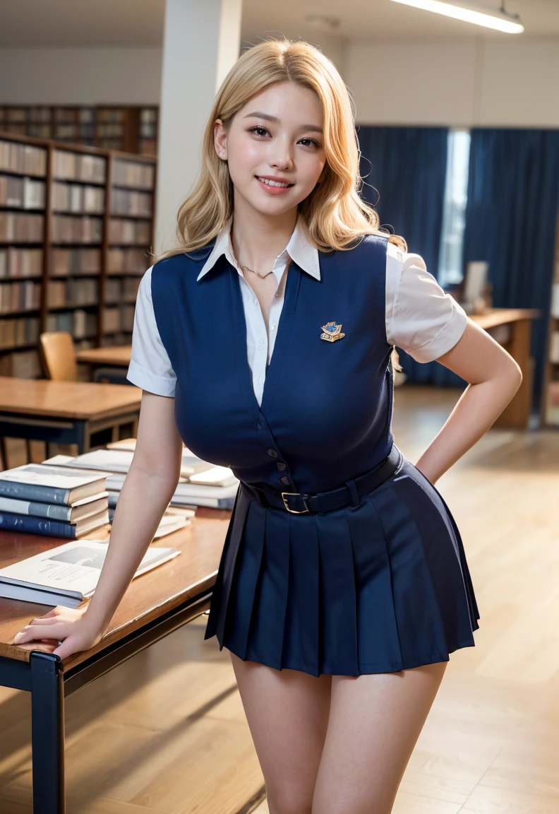 (((neat woman,Bright-eyed excitement,kind big smile,blush,blush,red cheek,please touch me,tempting viewer,i want you))),(all fours,all fours,hip higher),((((blush,red cheek)))),(cinematic lighting), (Photo real:1.4)、(A hyper-realistic:1.4)、(Photorealistic:1.3)、 (gentle lighting: 1.05)、(Improve the lighting quality of your video:0.9)、 32k、25years old woman、photorealistic lighting、Back lighting、Facial Lights、Ray Trace、(bright:1.2)、(Increase quality:1.4)、 (best quality real texture skin)、Fair eyes,delicate face、 Close-up of the face, ((Wearing the royal-blue collared shirt,navy vest-dress uniform,(no printed navy pleated skirt),high-heel),(Bodyline mood improvement:1.1)、Glossy skin、Korean Idol、Nogizaka Idol、good figure,perfect anatomy,Beautiful actress,(((beautiful huge breasts,slender waist,slender hip,long slender legs,8heads tall))),(((8heads tall))),(((blonde wavy hair,curtain bangs))),(((in the beautiful modern office of library,super clean night view,in the night))),