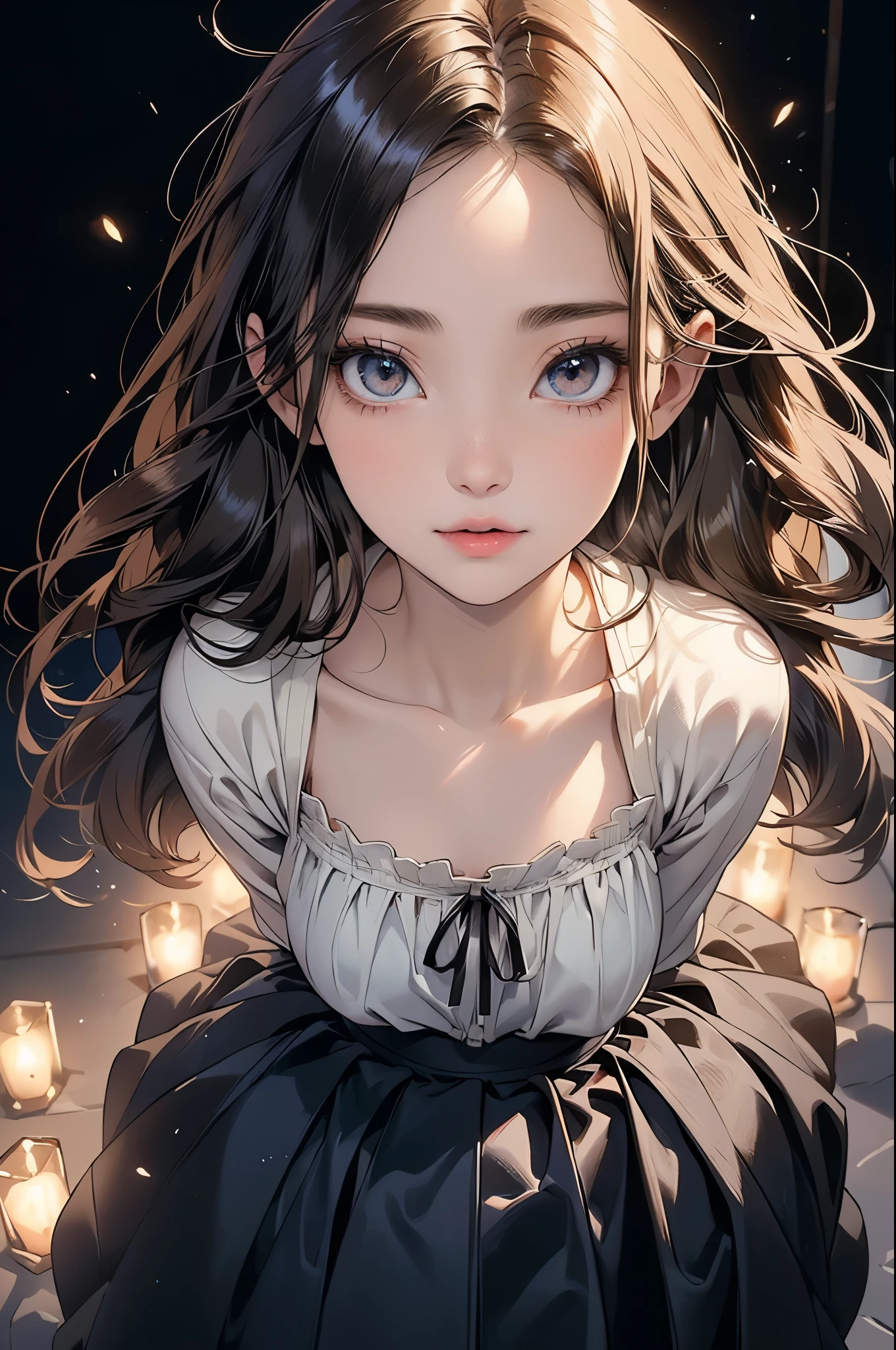 ((Biologically correct limb count))、(( A full-body illustration from toes to face))、4K、Masterpiece、((Eyes with delicate depictions、Detailed depiction of faces、Focus on the face))、((Symmetrical, well-proportioned facial features))、Beautiful school girl、Slender Body、(Black shirt、skirt)、Looking up、Low - Angle、((Walking posture))、Brown Hair、(((Close-up photo of the upper body)))
