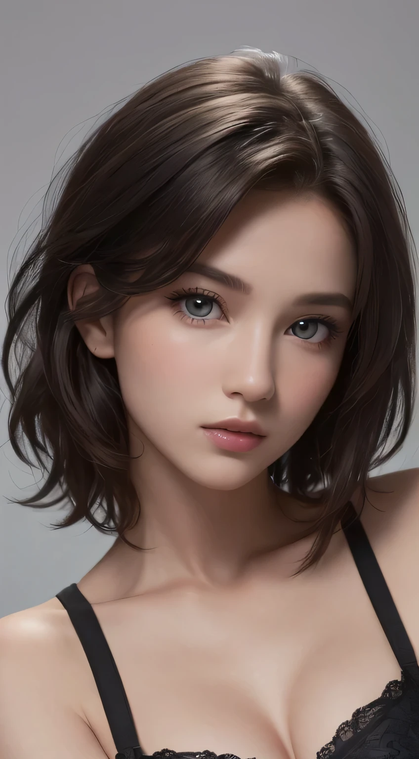 8K uhd、RAWphotograph、Model photo shoot、 European race、(masterpiece、highest quality、Photorealistic、High resolution、photograph:1.3)、Close-up、Focusing、Hot Model、slim、30 year old mature woman、Small face、No makeup、Short Hair、Dark Brown Hair、Fine beautiful eyes、Real Skin、(perfect body)、Detailed beautiful eyes、Glossy lips、Small breasts、Small breasts、Bust B cup、Realistic details、Cool beauty、Cool pose、Background gray、Plain grey background、