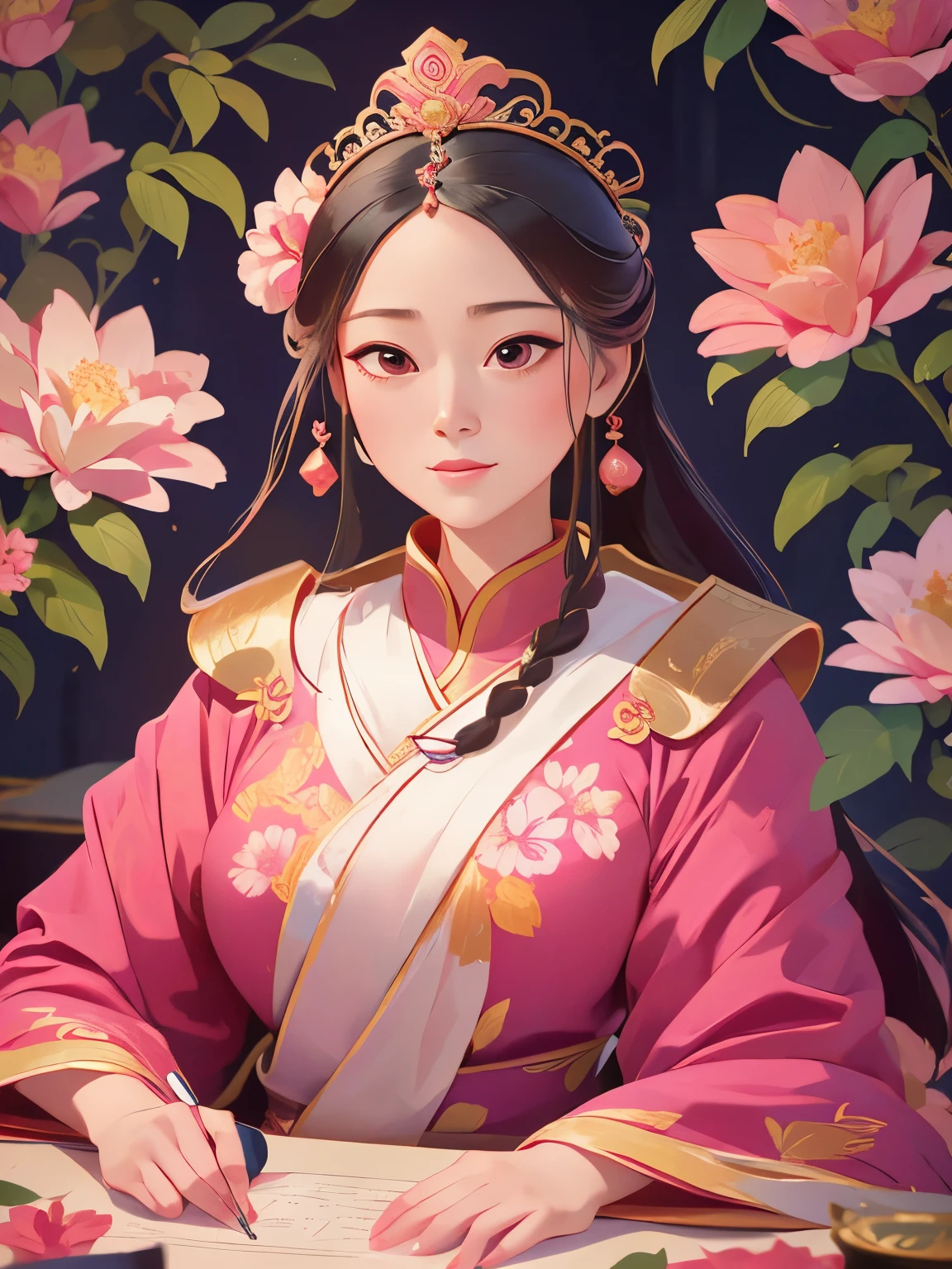 painting of a woman in a pink dress and a pink flower, ancient chinese princess, chinese princess, ancient chinese beauties, a beautiful fantasy empress, by Li Song, by Lu Guang, by Chen Lin, by Li Fangying, ancient chinese goddess, ((a beautiful fantasy empress)), by Hua Yan, by Yang J, palace , a girl in hanfu