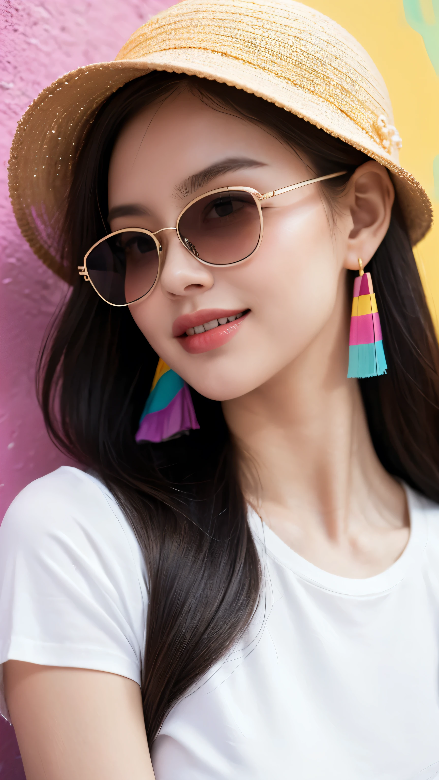 1 girl,Sexy,Blonde Long Hair,very long, Long hair,blue eyes,Super detailed face,Delicate eyes,Wear a colorful brimless hat,Large Breasts,Dress stylishly,White T-shirt,statement earrings、jewelry,Wear sunglasses,Smiling face,Upper body shot,background:Colorful rainbow wall,Cool,