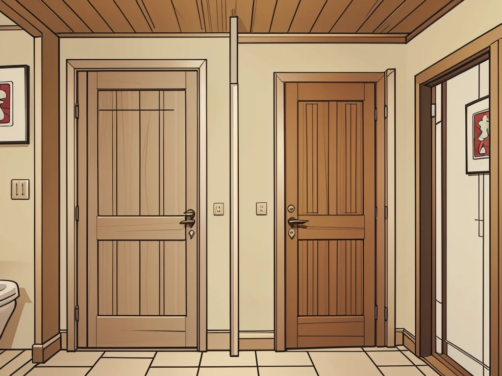vector image, 2d cartoon,masterpiece, An anime, restroom, multiple cabins doors