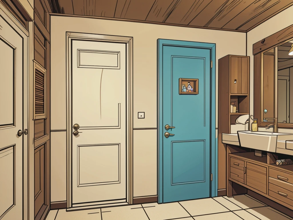 vector image, 2d cartoon,masterpiece, An anime, restroom, multiple cabins doors