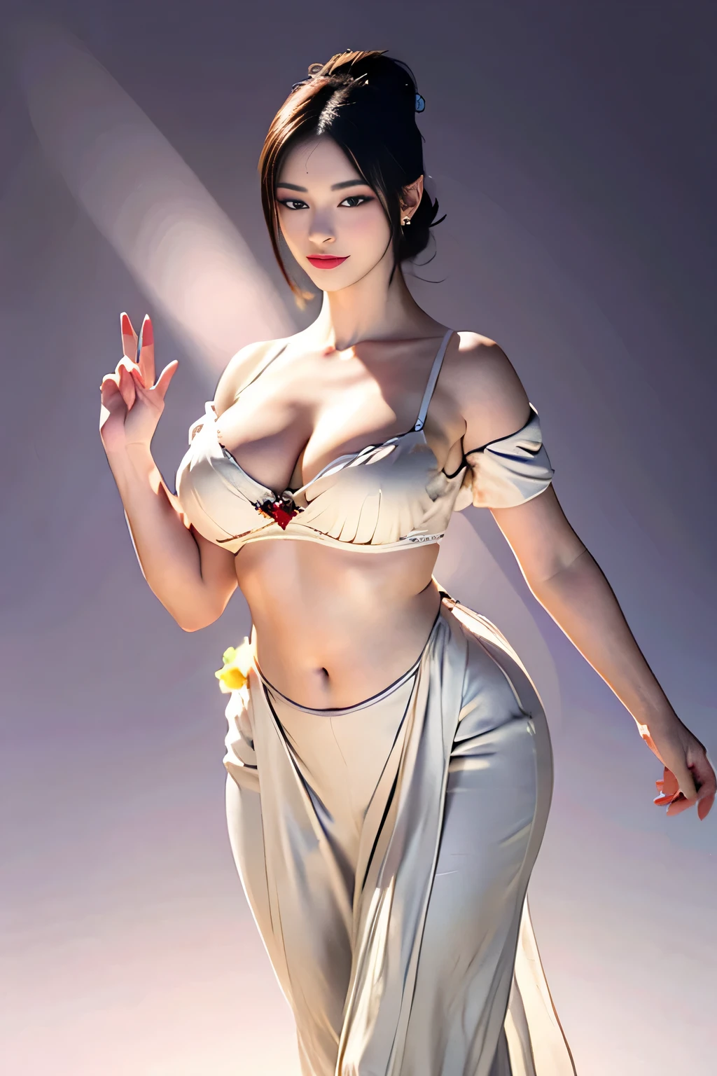 (Very large round breasts: 1.6), (Full body: 1.3), very delicate and beautiful, masterpiece, highest quality, ultra high resolution, 16k, photorealistic, ultra detail, narrow eyes, 1 girl, all white, forehead, black hair , solo, ((very voluptuous glamor)), narrow slit eyes, dark eyes, sparkling eyes, black hair, gloves, dress, luxurious jewelry, earrings, piercing eyes, elbow grooves, hair tied back with hands raised, transparent Demi - cup off-shoulder bra in random colors, transparent short dress in random colors, long eye makeup, narrow eyes, smile, lipstick, complex petal pattern, rim light, backlight, pastel color, studio lighting.