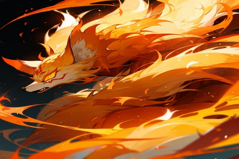 nine tailed fox、Golden flames burning in the background