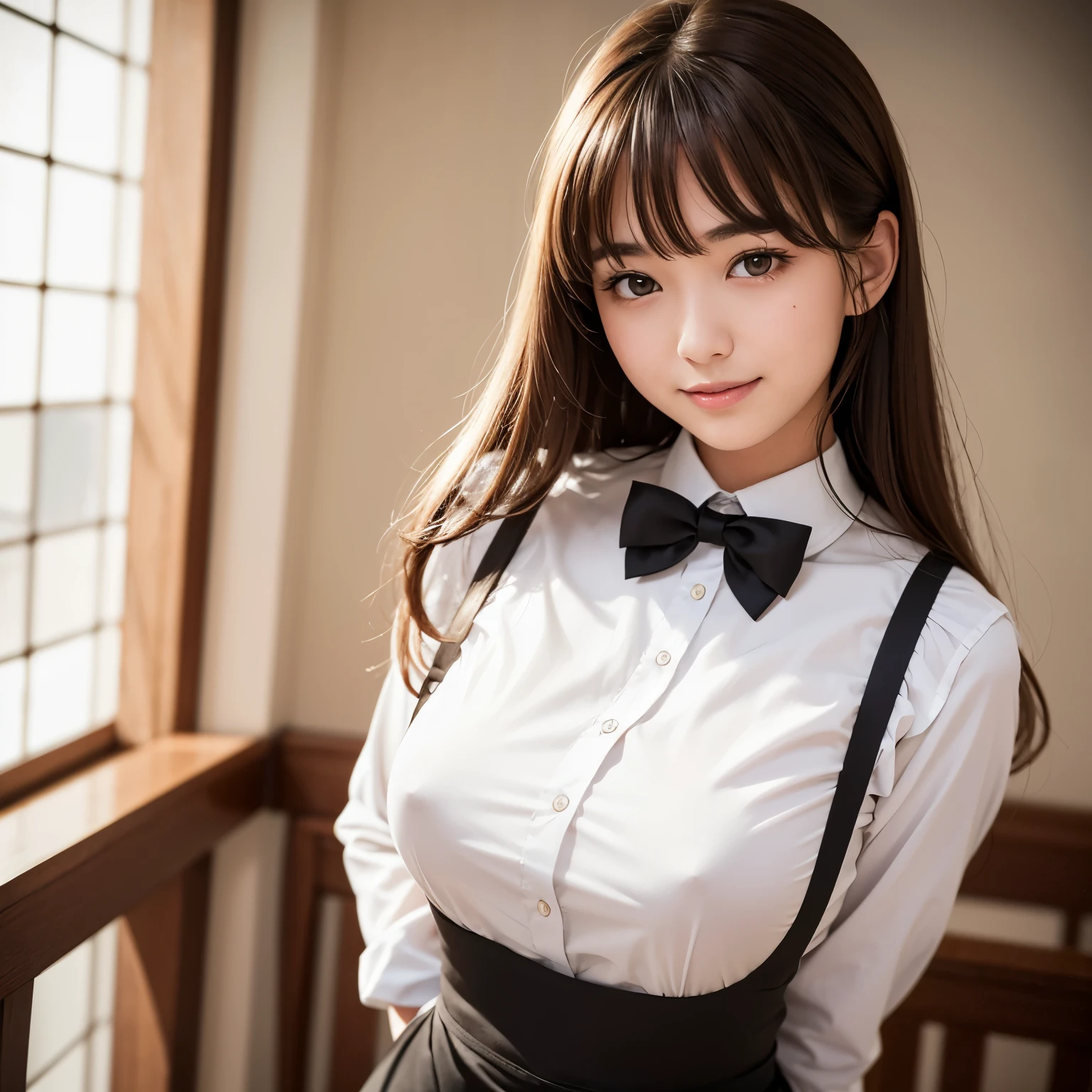 Best quality, masterpiece, ultra-high resolution, 8K, (reality: 1.4), RAW shooting, most detailed face, very detailed and perfect anatomy, live photography; most beautiful face; shining skin; one 18-year-old Japanese.My bangs and eyes are big and cute.It has brown eyes, gentle eyes, long brown hair, a young face, and a large chest.E-cup. Look at the audience. The best smile. a shiny white shirt, a black bow tie, a cafe apron, a waiter,My legs are pretty,