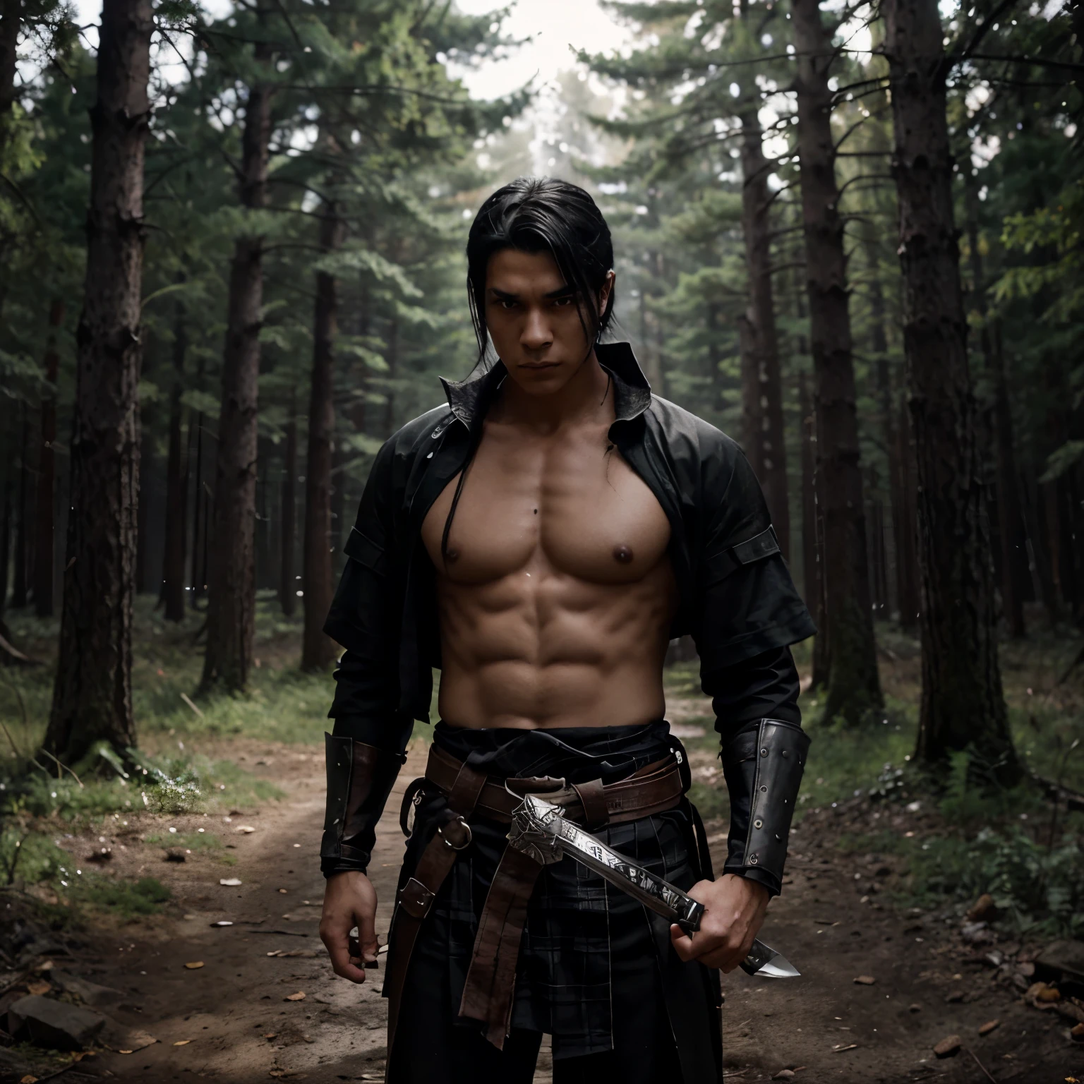 Tanjiro Kamado, a teenage demon hunter with black hair parted in the middle and a mark on his forehead. Stands tall holding a sword and a black plaid-patterned scabbard. Serious and alert expression, arm muscles muscular and tense. Dense forest setting at night, light mist on the ground. Realist shonen anime style.Tanjiro Kamado, a teenage demon hunter with black middle-parted hair and a mark on the forehead. Standing tall holding a sword and black checkered scabbard. Serious and alert expression, muscular and tense arms. Dense forest setting at night, light mist on the ground. Realist shonen anime style.