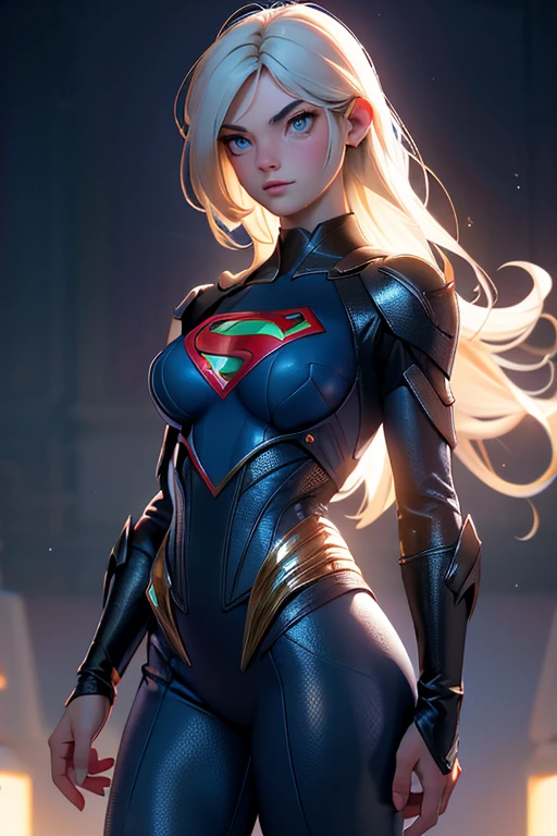 Hermosa mujer con cabello rubio ondulado, ojos azules delicados y encantadores, muesca del muslo, piernas largas sexys, camiseta en jeans falda corta con carta S de Superman, Lindo cyberpunk futurista + Ciudad, neblina, wet, Lluvia, obra maestra de mejor calidad, realista, detallado, 8k, hdr, poca profundidad de campo, luz amplia, alto contraste, Iluminar desde el fondo, Flooding, destello, chromatic aberration, Sharp focus, Foto en color crudo, superman S symbol on the chest..