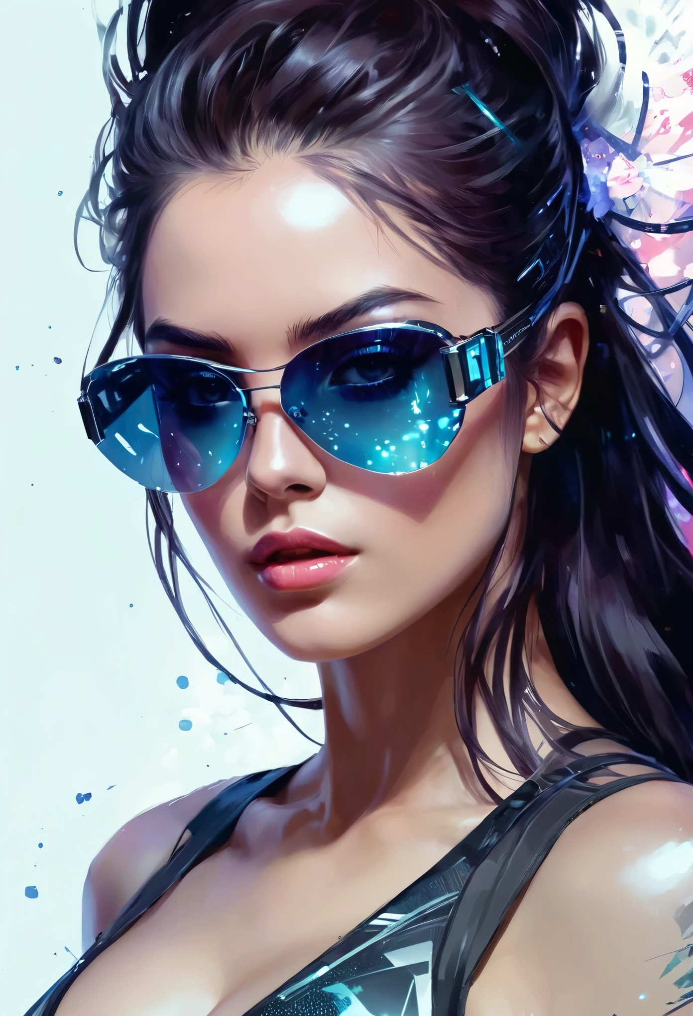 Design a digital artwork，Portraying a futuristic femme fatale，, reflective glass glasses and a Smooth, High-tech texture, Center, Nearly perfect, Dynamic, Very detailed, Art Station, concept art, Smooth, Clear focus, illustration, Artwork by Carne Griffiths and Wadim Kashin,