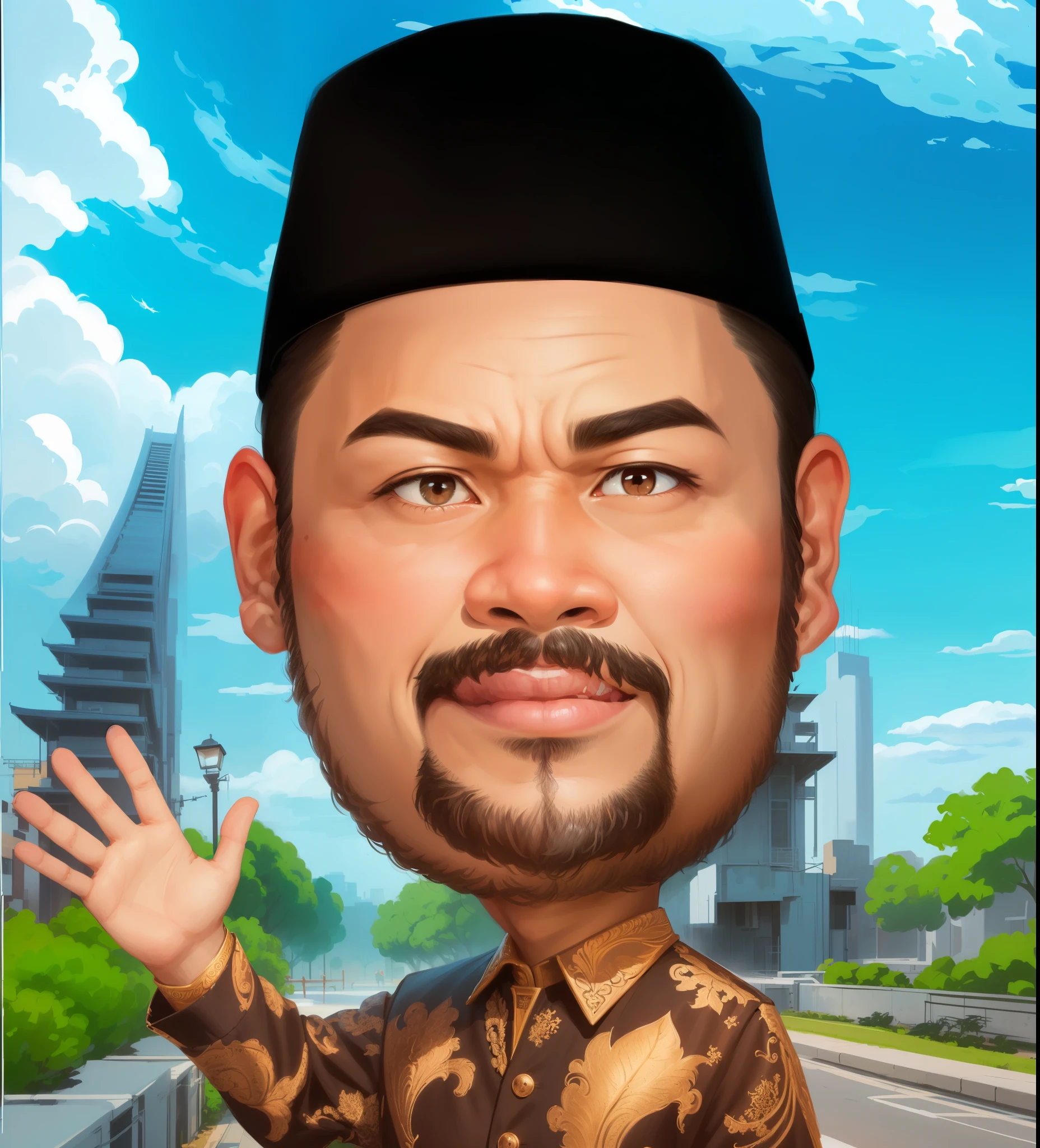 a cartoon of a man with a beard and a hat waving, caricature illustration, caricature style, cartoon portrait, cartoon artstyle, inspired by Basuki Abdullah, digital art cartoon, cartoon digital painting, cartoon digital art, inspired by Abidin Dino, caricature, realism artstyle, south east asian with round face, in cartoon style, by Abidin Dino, ismail