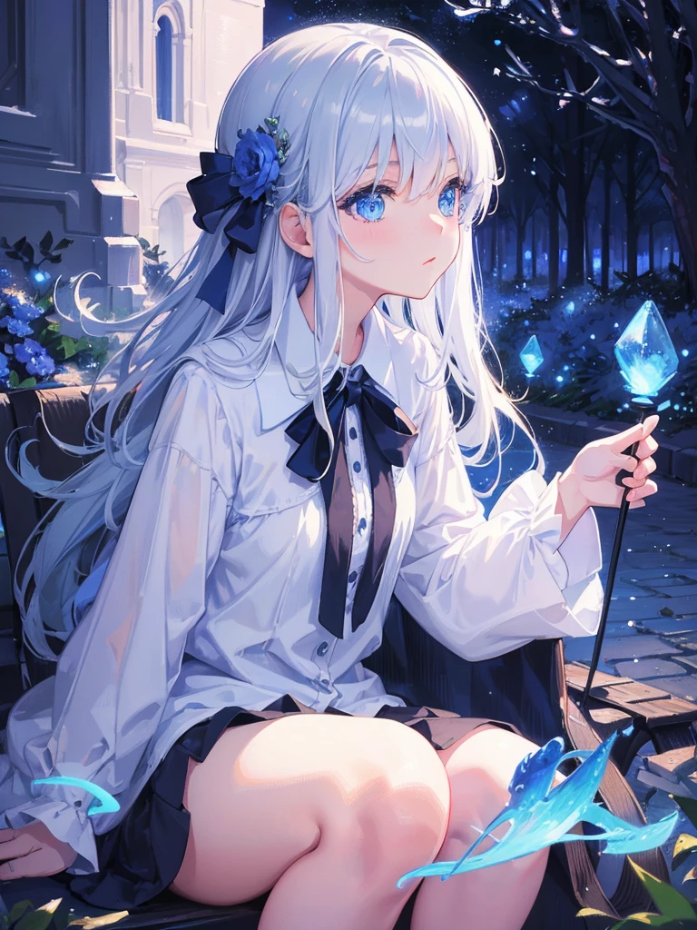 Art by Cornflower,(masterpiece:1.2),(One girl:1.3),(4K), Sitting in a park at night with mysterious lighting,The scenery is illuminated by the moonlight,Add depth to your images,Using shallow focus、Emphasize the girl and her surroundings, The background is soft and blurry,Add a dramatic and symbolic element to your scene,White and blue winter clothes,Silver long hair,Blue glowing magic light,A girl with beautiful blue eyes, Highly detailed illustration, Smooth, Extremely pixel perfect, Detailed Background