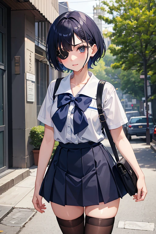 A15yo girl, navy_blue short hair, white_blouse, eyepatch on left_eye,troll face,zettai_ryouiki, school_uniform