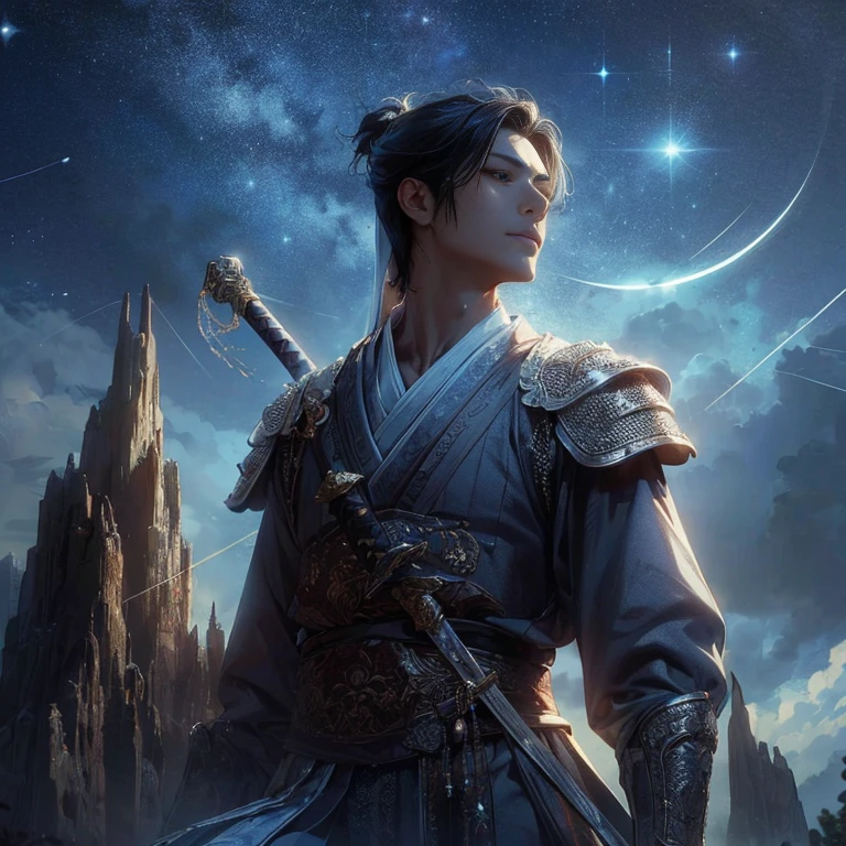 (Best Quality:1.2), (high resolution:1.2), (beautiful face and eye:1.5), (sharpest focus:1.2), (Ultra-realistic Photo:1.2), (Ultra-precise Photo:1.2), (Depth of field:1.2), (8k high resolution:1.2). (perfect :1.2), 
(nice hands:1.5), (perfect hands:1.5), (Cynical smile:1.2), (A very young and beautiful Chinese man:1.0), (lying down quietly with closed sick eyes:1.2), (At the top of a steep rocky mountain:1.2), 
(Stars of Leo twinkling in the night sky:1.2), (Looking down angle:1.2), (holding a drawn sword:1.0), (Chinese warrior with very light armor and beat-up arms:1.0), 