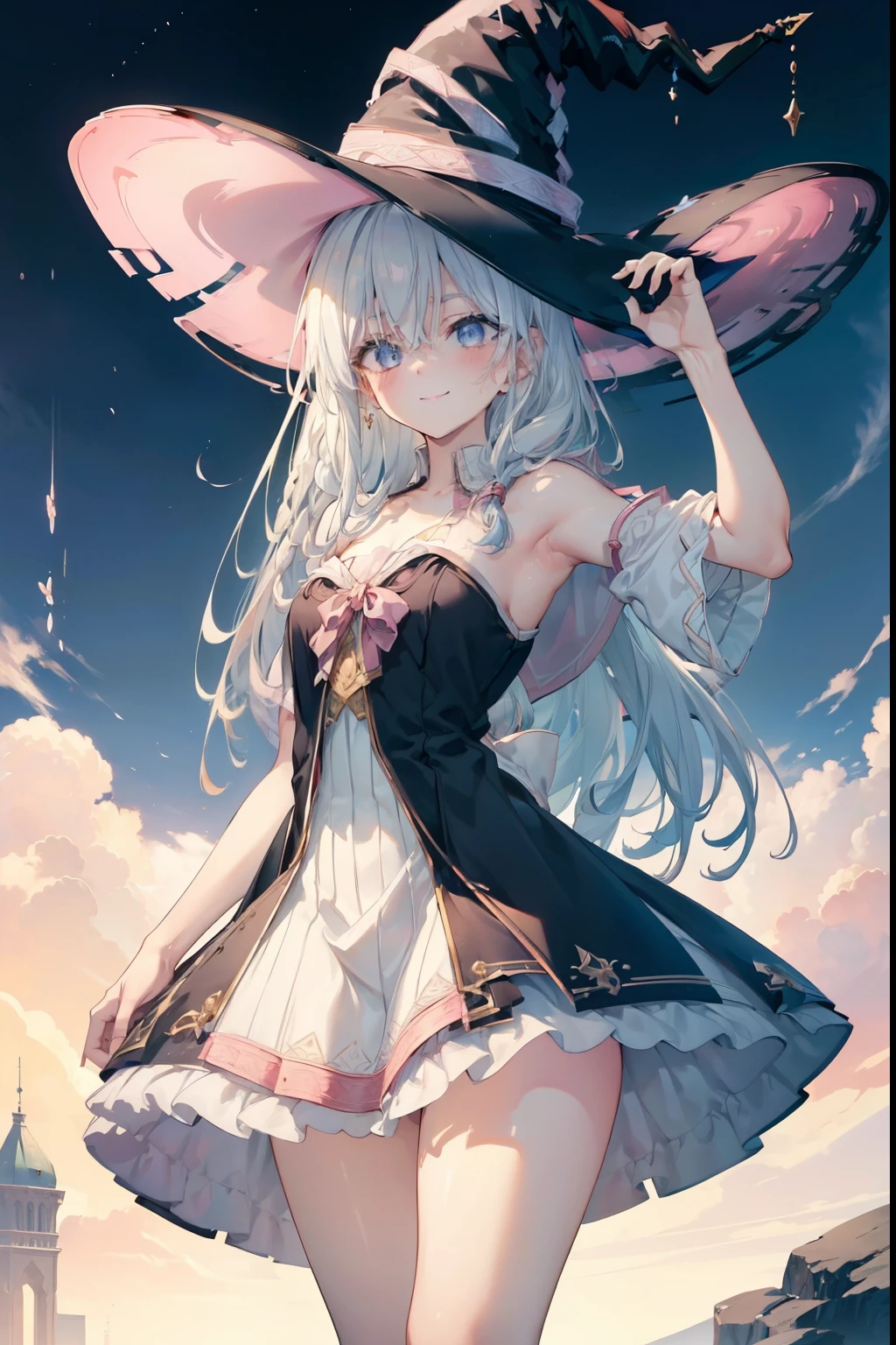 Elaina 、Braided long hair,,blush,smile,Captivating thighs、Beautiful bare legs, Sideways armpit、Shoulder Bare、The clavicle is visible、Armpit Show、Armpits are visible、Shoulder Bare、Witch costume、Witch Hat
（masterpiece:1.2), highest quality, High resolution, unity 8k wallpaper, (shape:0.8), (Beautiful and beautiful eyes:1.6), Highly detailed face, Perfect lighting, Highly detailed CG, (Perfect hands, Perfect Anatomy),