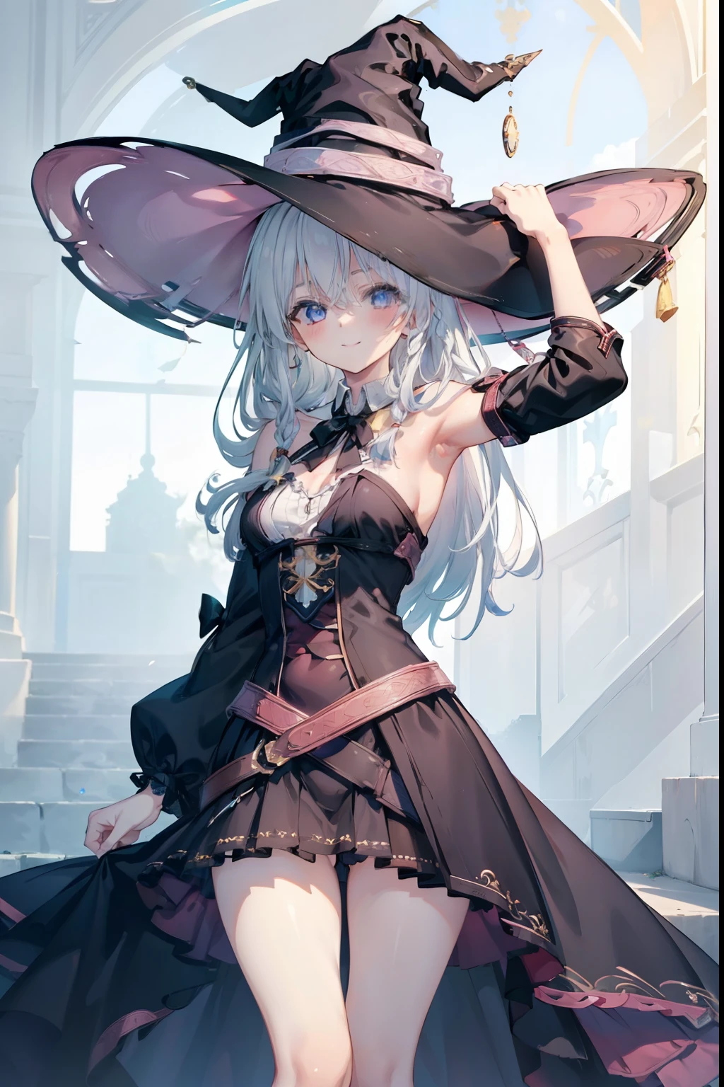 Elaina 、Braided long hair,,blush,smile,Captivating thighs、Beautiful bare legs, Sideways armpit、Shoulder Bare、The clavicle is visible、Armpit Show、Armpits are visible、Shoulder Bare、Witch costume、Witch Hat
（masterpiece:1.2), highest quality, High resolution, unity 8k wallpaper, (shape:0.8), (Beautiful and beautiful eyes:1.6), Highly detailed face, Perfect lighting, Highly detailed CG, (Perfect hands, Perfect Anatomy),