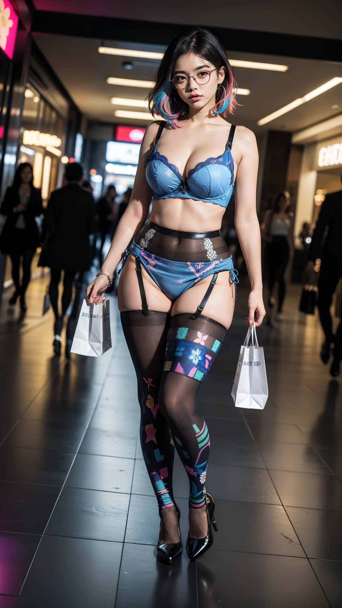,(full body:1.5),(((only one girl)):1.4),(view the viewer:1.4),((anatomy correct):1.45),(((dancing in the shopping mall , Perfectly integrated background))):1.3),(she wears large glasses and Holding bra & pantie in her hand:1.2),(shy:1.15),((stocking set):1.2),(((((((patterns)))))) ,((thick pantyhose)):1.3),(high heels leather shoe:1.1),((Long legs and large chest):1.3),((((colorful))):1.4),(Accurate and perfect face:1.3),((black short hair):1.2),hyper HD, Ray traching, reflective light, structurally correct, Award-Awarded, high detail, lighten shade contrast, Face lighting ,cinematic lighting, masterpiece, super detailing, high quality, high detail, best quality, 16k,High contrast,