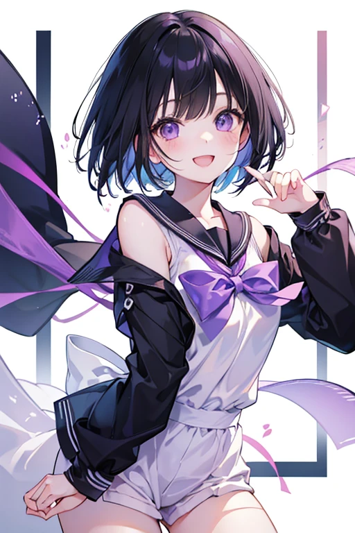 anime風のかわいい***,High resolution,Black Hair,Bob,fine,Active,Beautiful purple eyes,smile, A big smile、Short Hair、Light purple eyes、Beautiful eyes、Character portrait、Cute pose、Cute clothes、Sailor suit、Round eyes、Long eyelashes、anime、Shining Eyes、Cute face、楽しいsmile、Open your mouth、Fashionable clothes、Simple Background、so beautiful、Active、Black Hair、pajamas