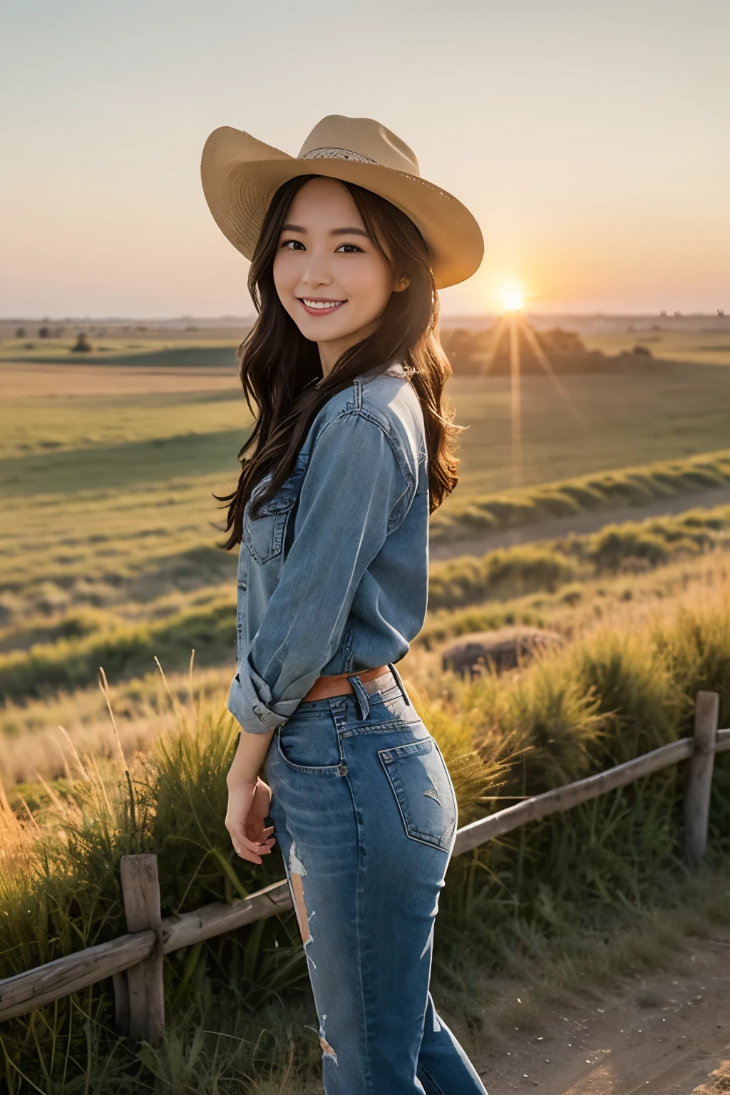 (Masterpiece, best quality), A pretty Asian cowgirl poses confidently for a photo with a radiant smile, donning a high-definition and ultra-realistic, intricately designed denim shirt and worn-in jeans that hug her slender figure, her long, wavy black hair cascading down her back under a sun-faded cowboy hat. She holds a lasso in one hand and a pair of worn-out boots in the other, standing against a backdrop of the vast, picturesque prairie landscape, with the golden sun setting on the horizon, creating a stunning juxtaposition between her vibrant personality and the serene beauty of nature. (All Too Easy: