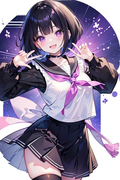 anime風のかわいい***,High resolution,Black Hair,Bob,fine,Active,Beautiful purple eyes,smile, A big smile、Short Hair、Light purple eyes、Beautiful eyes、Character portrait、Cute pose、Cute clothes、Sailor suit、Round eyes、Long eyelashes、anime、Shining Eyes、Cute face、楽しいsmile、Open your mouth、Fashionable clothes、Simple Background、so beautiful、Active、Black Hair、Jersey