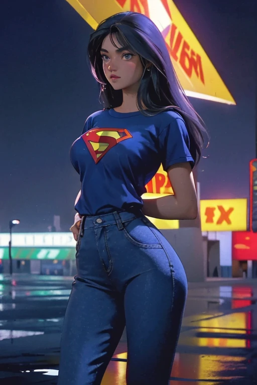 Hermosa mujer con cabello rubio ondulado, ojos azules delicados y encantadores, muesca del muslo, piernas largas sexys, camiseta en jeans falda corta con carta S de Superman, Lindo cyberpunk futurista + Ciudad, neblina, wet, Lluvia, obra maestra de mejor calidad, realista, detallado, 8k, hdr, poca profundidad de campo, luz amplia, alto contraste, Iluminar desde el fondo, Flooding, destello, chromatic aberration, Sharp focus, Foto en color crudo, superman S symbol on the chest..