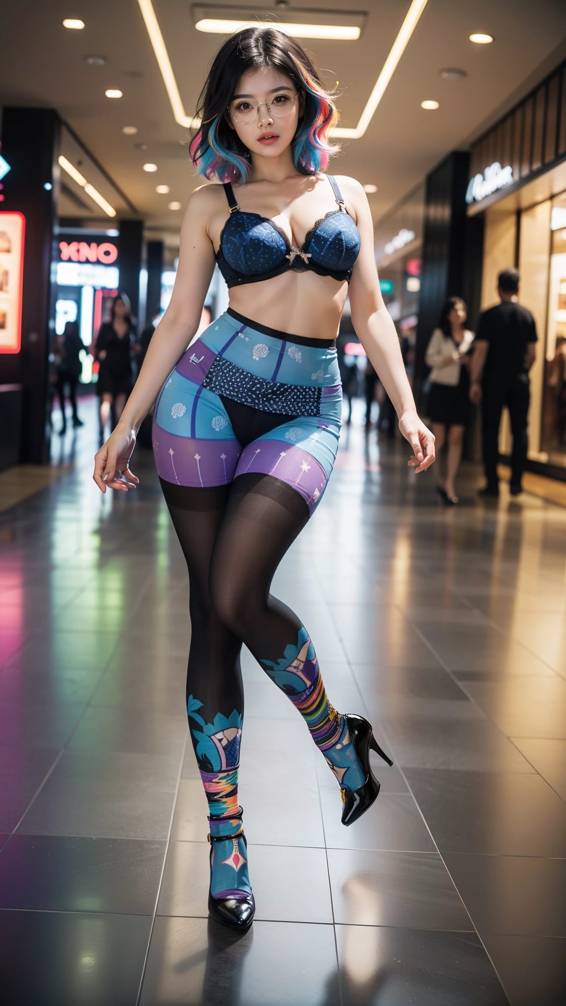 (full body:1.5),(((only one girl)):1.4),(view the viewer:1.4),((anatomy correct):1.45),(((dancing in the night club, Perfectly integrated background))):1.3),(she wears large glasses and Holding bra & pantie in her hand:1.2),(shy:1.15),((stocking set):1.2),(((((((patterns)))))) ,((thick pantyhose)):1.3),(high heels leather shoes:1.1),((Long legs and large chest):1.3),((((colorful))):1.4),(Accurate and perfect face:1.3),((black short hair):1.2),hyper HD, Ray traching, reflective light, structurally correct, Award-Awarded, high detail, lighten shade contrast, Face lighting ,cinematic lighting, masterpiece, super detailing, high quality, high detail, best quality, 16k,High contrast,