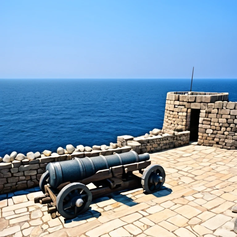 castle made of stones, made for combat, with cannons pointed towards the sea.