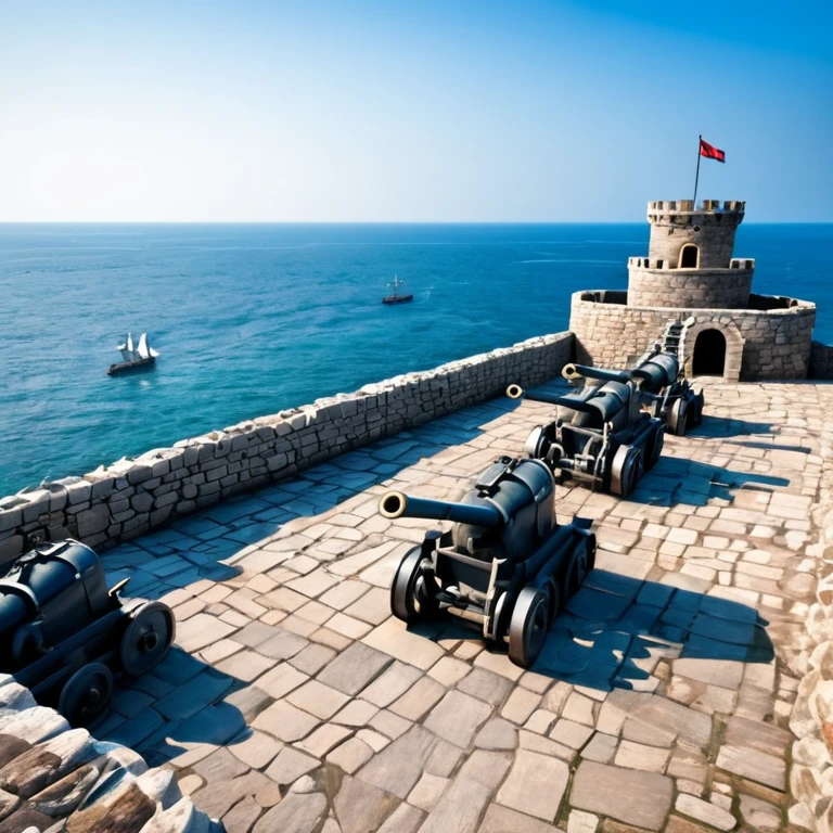 castle made of stones, made for combat, with cannons pointed towards the sea.