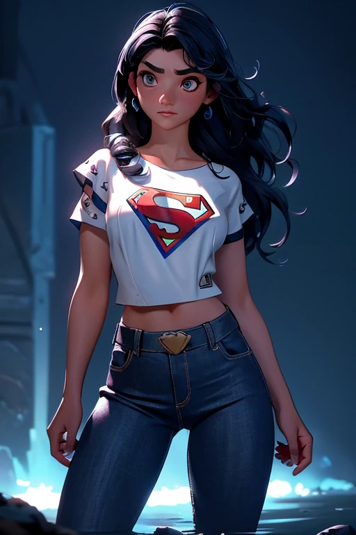 Hermosa mujer con cabello rubio ondulado, ojos azules delicados y encantadores, muesca del muslo, piernas largas sexys, camiseta en jeans falda corta con carta S de Superman, Lindo cyberpunk futurista + Ciudad, neblina, wet, Lluvia, obra maestra de mejor calidad, realista, detallado, 8k, hdr, poca profundidad de campo, luz amplia, alto contraste, Iluminar desde el fondo, Flooding, destello, chromatic aberration, Sharp focus, Foto en color crudo, superman S symbol on the chest..