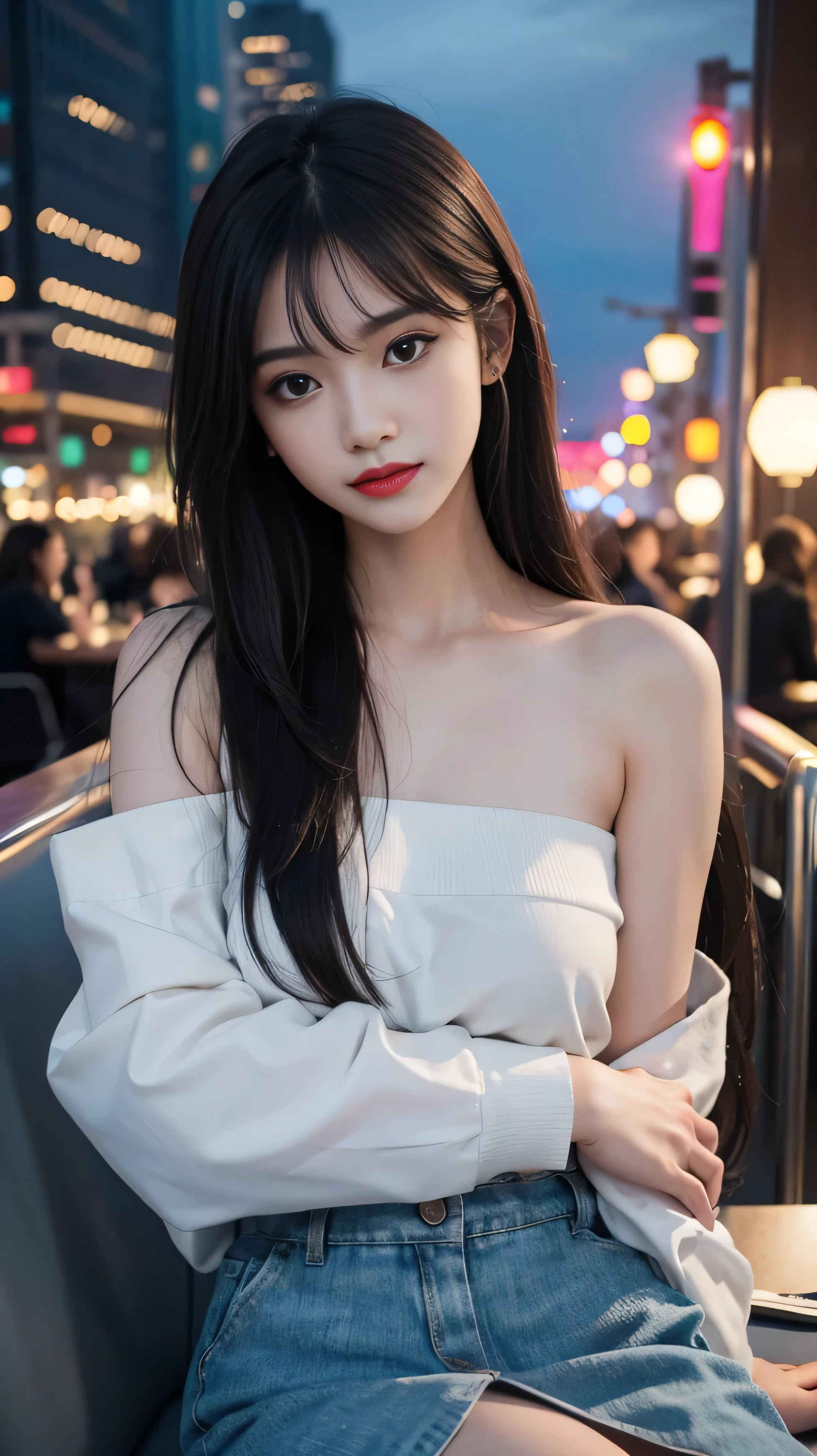 Bare shoulders, skirt, ((yushuxin,1 Girl,Solitary)), (knee shot),Preface: (8k、Ultra-high resolution、Top image quality、masterpiece:1.1)、(endless realism、realism:1.1)、Ultra Detailed的、Bloom、Bokeh degree、lamp、Brilliance、Beautiful and delicate eyes、a smile、(Full Body Esbian:1.1), Shoulder length hair, Almond Eye(Eye)、straight nose bridge(nose)、(Fashion)、luxury hotel(go through) Brown shoulder-length hairstyle(hair)、(8k、Ultra-high resolution、top quality、masterpiece:1.1)、(endless realism、realism:1.1)、Ultra Detailed、Bokeh、Movie Lighting、Brilliance、black rangoli、original photo,Generate an image taken from a slightly greater distance from the subjectGenerate an image from an angle where the subject is not too far from the cameraGenerate an image with a background、Attract the subject Adjust the proportion and size of the subject、express emotions that appeal to certain features or facial expressions of the subject、emphasize tension、(Medium breasts:0.2) top quality、Ultra-high resolution、(realism:1.4)、Slim、More detailed facial details、Smooth skin、Perfect anatomical structure、Overlooking the city、night、Professional lighting、Shopping mall rooftop café、Sexy pose、posture