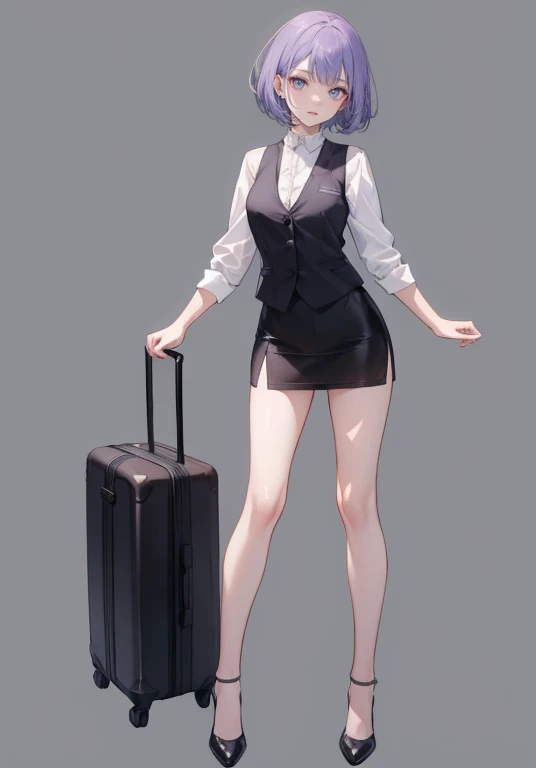 ((Perfect Face)),Purple Hair,Very short hair,1 female,,Black vest,Roll up your sleevesＹshirt,High heels,,((Simple Background)),smile,((Full Body)),((full body)),