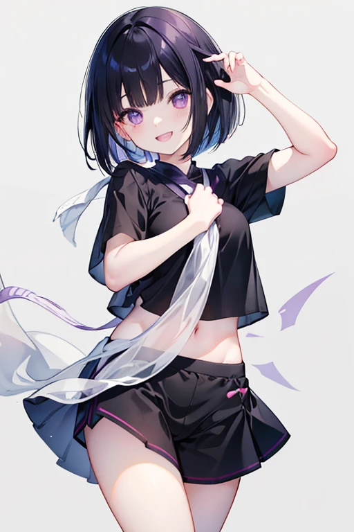 anime風のかわいい女の子,High resolution,Black Hair,Bob,fine,Active,Beautiful purple eyes,smile, A big smile、Short Hair、Light purple eyes、Beautiful eyes、Character portrait、Cute pose、Cute clothes、Shorts、Round eyes、Long eyelashes、anime、Shining Eyes、Cute face、楽しいsmile、Open your mouth、Fashionable clothes、Simple Background、so beautiful、Active、Black Hair、No inner color