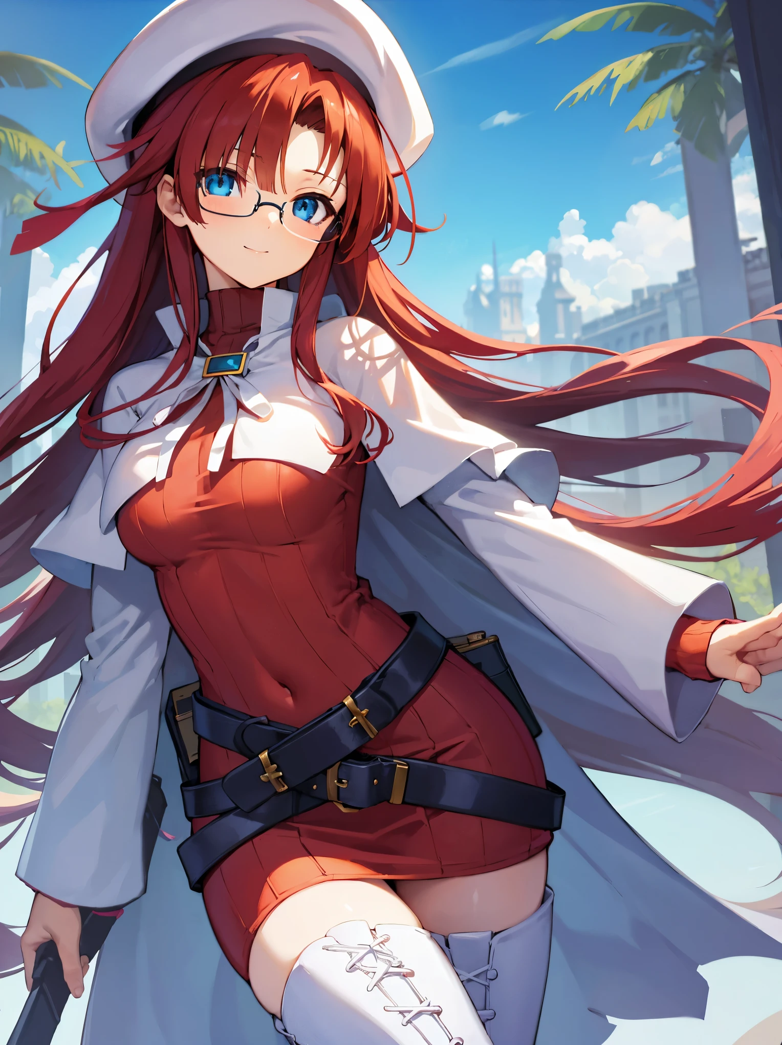 pov,summonnightaty, aty, (young:1.3),long hair, blue eyes, red hair, beret, hat, glasses,
BREAK long hair, thighhighs, hat, dress, boots, glasses, belt, cape, sweater, zettai ryouiki, beret, thigh boots, white footwear, ribbed sweater, loose belt,solo,
BREAK outdoors, fantasy,on_a_ship,
BREAK (masterpiece:1.2), best quality, high resolution, unity 8k wallpaper, (illustration:0.8), (beautiful detailed eyes:1.6), extremely detailed face, perfect lighting, extremely detailed CG, (perfect hands, perfect anatomy),covered_nipples,covered_navel,light_smile ,(half_eyes:1.4),sword,armpit,sleepy,dynamic_standing,barrel,red_sweater,apart_legs,magical_effect,focus_breasts,