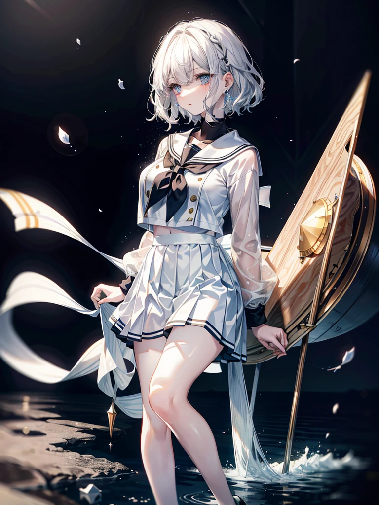 absurdres, RAW photo, extremely delicate and beautiful, masterpiece, Best Quality, ultra high resolution, 32k, hyperrealistic, ultra-detailed, detailed description, pale skin, 20 years old, tearful mole, earring, Colossal tits, short medium hair, wavy hair, full body shot, sailor uniform, school_uniform,