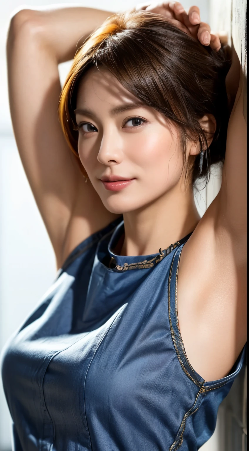 (Ultra HD、Ultra-high resolution、Photorealistic:1.3、8k、Japanese office lady、In front of the wall)、Focus on the armpits、Look Viewer、(Extremely realistic skin texture:1.4)、(Realistic:1.3)、short hair、smile:0.6、(Blonde:1.3)、40-year-old woman、Mature Woman、ponytail、(Lift your arms and show your armpits:1.3)、(Armpit close-up:1.3)、(Armpit sweat)、Leaning against the wall、((Shooting from the side:1.2))