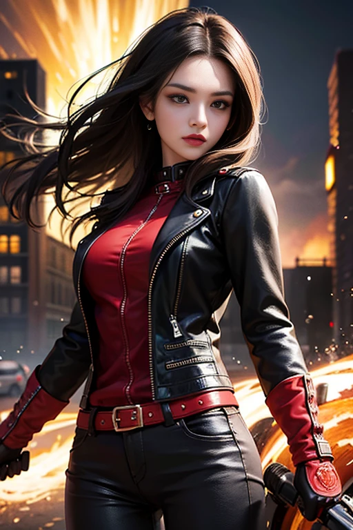 (skindentation:1.5), Realistic, Photorealistic, (masterpiece:1.5), concept art, intricate details, highly detailed, photorealistic, octane render, 8k, unreal engine, dynamic pose, best quality, highres, (realistic face:1.1), (hyperrealistic:1.1), ((full_body)), perfect eyes,(shiny skin:1.2), (((hairstyle))), (((perfect hands))), (extremely detailed background), ((dynamic background)), ((lightning)), (light rays), ((1girl)), wearing long leather jacket, black leather long pants, red under shirt, (((flowing jacket))), ((detailed eyes, high quality eyes, high quality face)), (extremely intricate jacket, magical jacket), long black hair, casting fire, electricity, swirling fire, radiating power, ((dramatic)), epic, city, depth of field, bokeh, 4k, riding motorcycle
