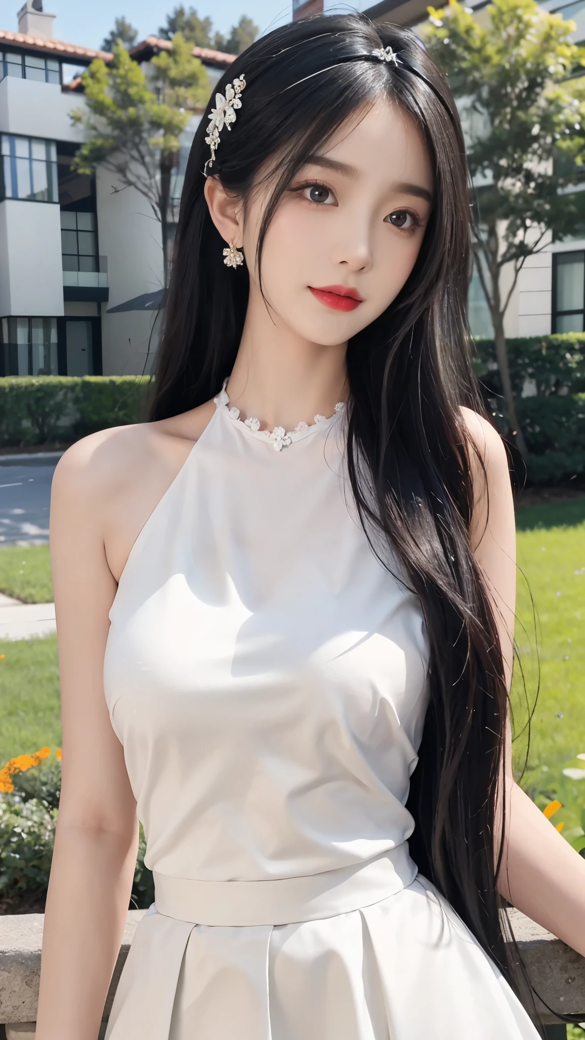 "top，Highest image quality，Masterpiece，Surrealism，Gentle beautiful girl，Perfect body，（A flowing grey and white skirt paired with a tulle top with a mandarin neckline），Delicate and fair skin，long black hair，Hair accessories，Delicate and perfect facial features，Clear colored eyes，Detailed depiction of face，Sexy red lipstick，sweet laughter，Nice and gentle，Black long hair，shiny，Ultra-fine details，real，Realistically，For the audience，sky sky，Green Leaf，Floral scent，Not exposed，