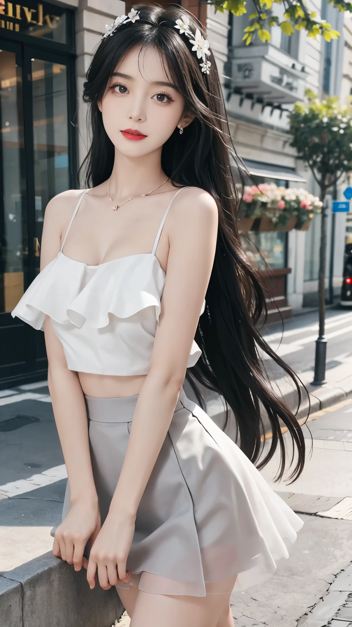 "top,Highest image quality,Masterpiece,Surrealism,Gentle beautiful girl,Perfect body,(A flowing grey and white skirt paired with a tulle top with a mandarin neckline),Delicate and fair skin,long black hair,Hair accessories,Delicate and perfect facial features,Clear colored eyes,Detailed depiction of face,Sexy red lipstick,sweet laughter,Nice and gentle,Black long hair,shiny,Ultra-fine details,real,Realistically,For the audience,sky sky,Green Leaf,Floral scent,Not exposed,
