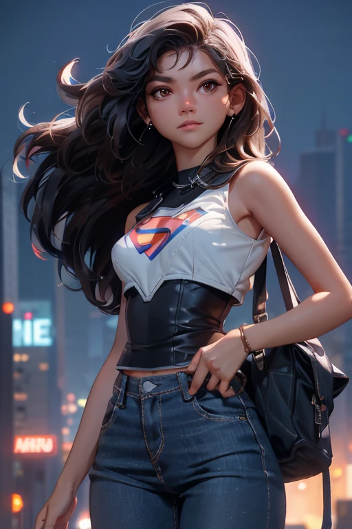 Hermosa mujer con cabello rubio ondulado, ojos azules delicados y encantadores, muesca del muslo, piernas largas sexys, camiseta en jeans falda corta con carta S de Superman, Lindo cyberpunk futurista + Ciudad, neblina, wet, Lluvia, obra maestra de mejor calidad, realista, detallado, 8k, hdr, poca profundidad de campo, luz amplia, alto contraste, Iluminar desde el fondo, Flooding, destello, chromatic aberration, Sharp focus, Foto en color crudo, superman S symbol on the chest..